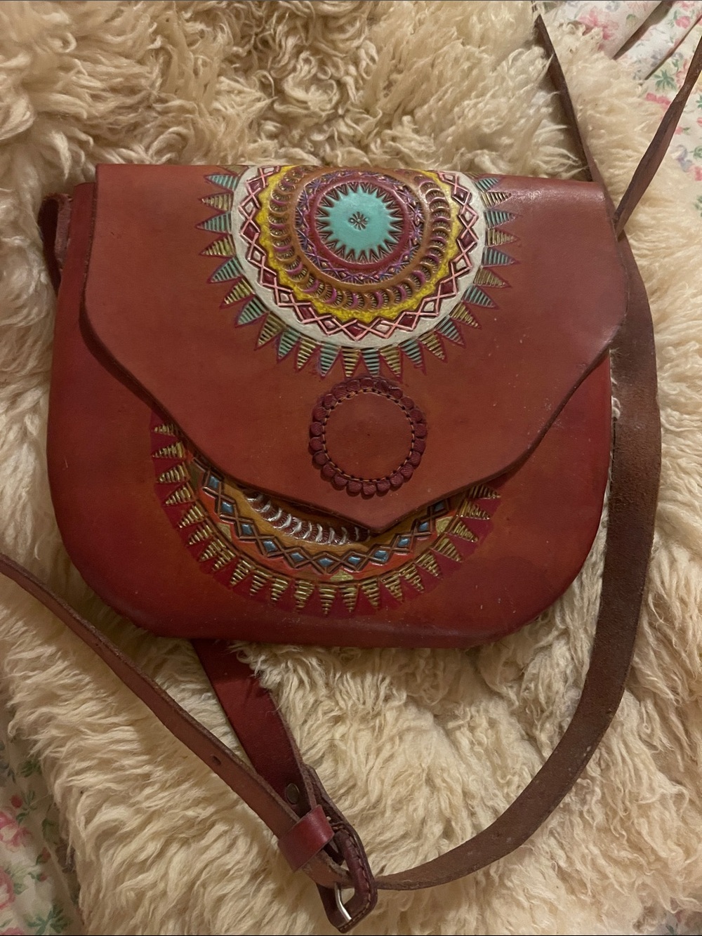 Boho Embroidered Leather Crossbody Bag in Rustic Red